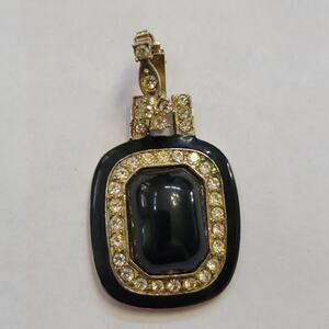 Charm Jewelry Black Cabochon Rhinestone Pendant Gold Tone Vintage Statement